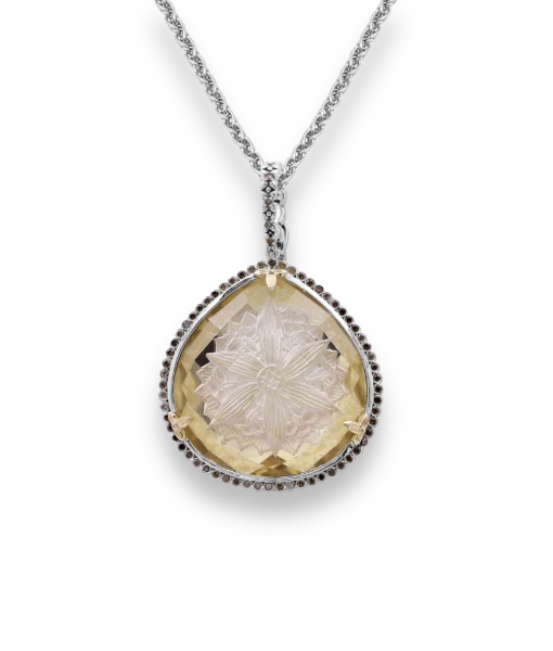 Stephen Dweck Carventurous Internally Carved Natural Quartz Gold Lining with Champagne Diamonds Necklace in Sterling Silver with 18K Gold Flowers