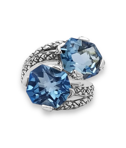 Stephen Dweck Galactical Blue Topaz Double Stone Ring with Engraved Sterling Silver